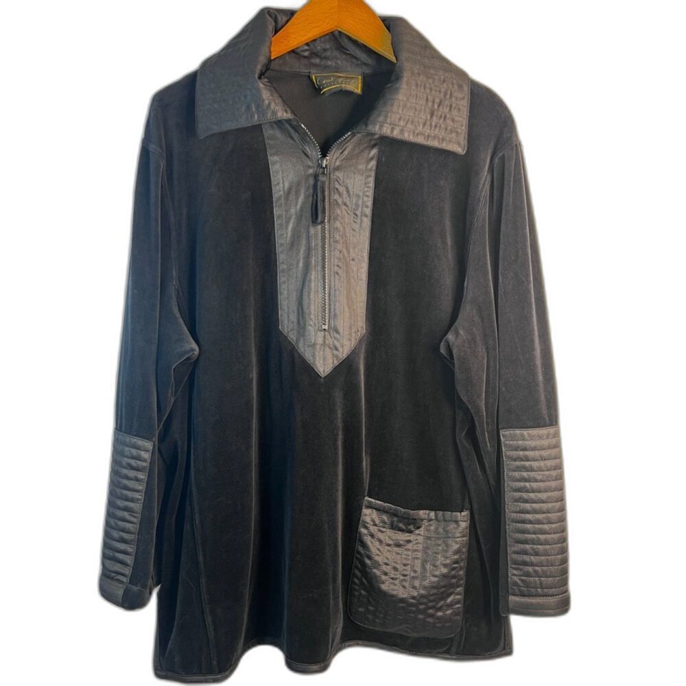 Diane Gilman Collection Black Velvet 1/4 Zip Long Sleeve Edgy Moto Sweater XL